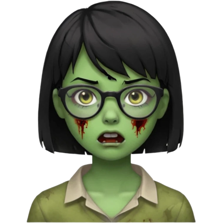 faça uma menina zumbi,da cor verde,com o cabelo curto preto até o pescoço,franja,óculos pretos,olhos escuros,boca meio aberta e alguns machucados pelo rosto emoji