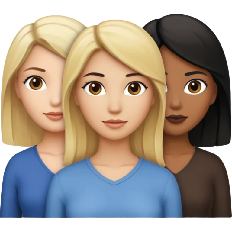 3 women emojis, Caucasian woman with blonde hair, Brown skin woman with black hair, Caucasian women with brown hair emoji