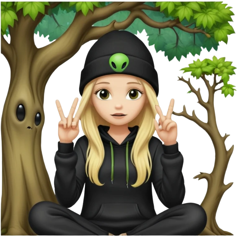long haired blonde sitting by a tree with her middle finger up. I want her wearing a black beanie and an alien hoodie emoji