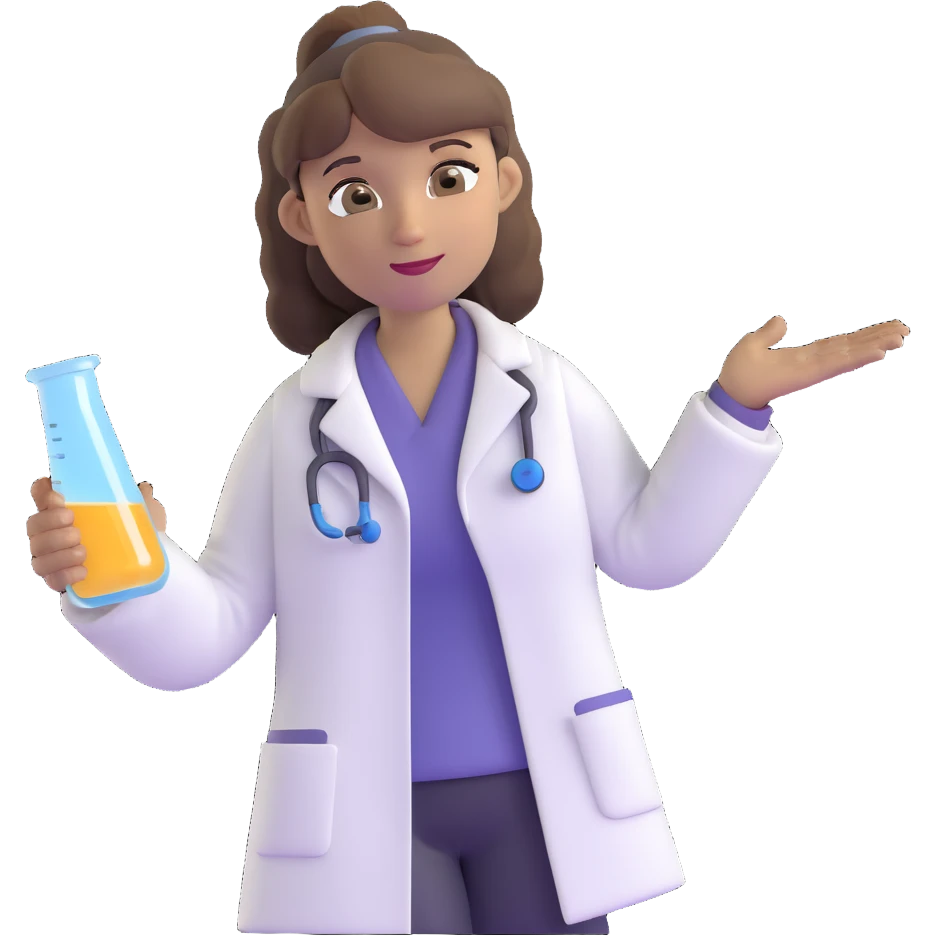 middle-aged science teacher, light brown hair in ponytail with bangs, brown eyes, wearing a lab coat emoji