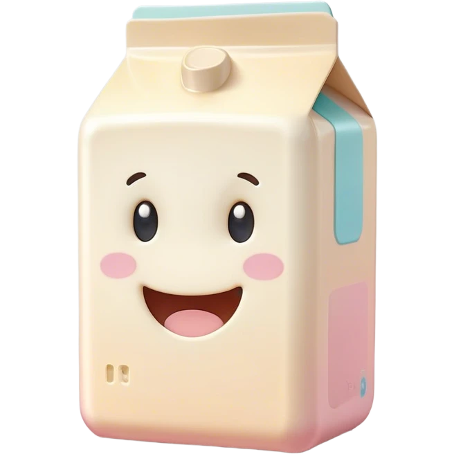 Cinematic adorable milk carton, soft pastel colors, tiny rounded edges, chubby smiling face, warm glowing highlights, gently tilting in a playful pose. emoji