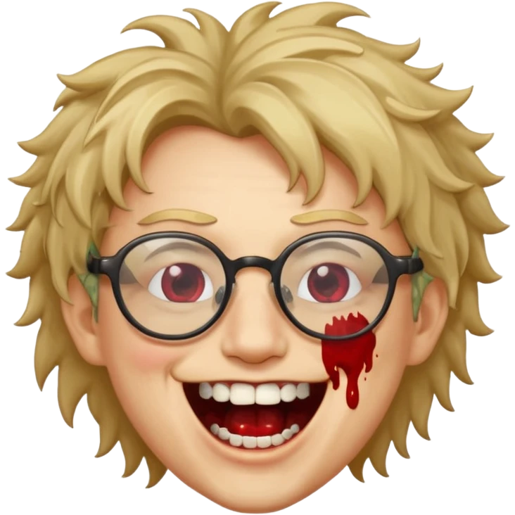 Cabelo bagunçado com oculos sorrindo com metade do rosto com dente de ouro e saindo sangue da boca  emoji