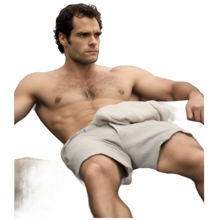 Henry Cavill lounging shirtless, his rugged torso and natural charm on full display. emoji
