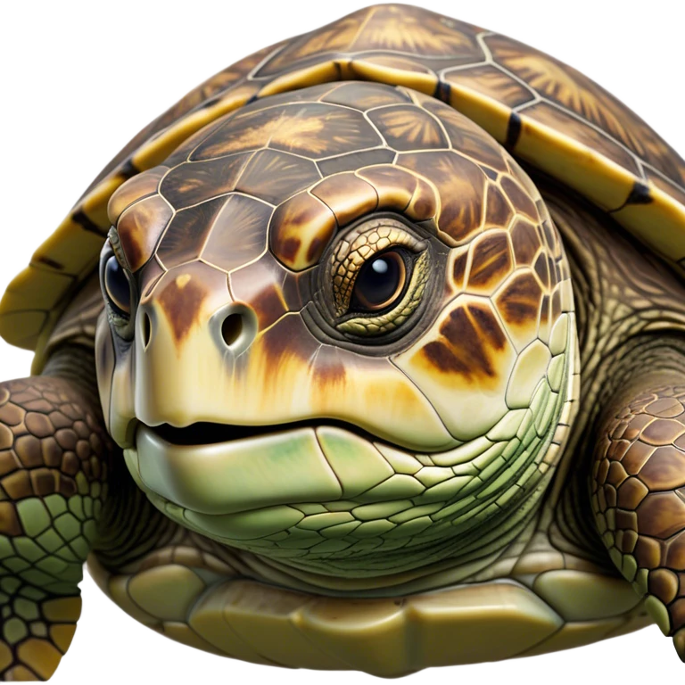 Cinematic Realistic Noble Sea Turtle Portrait Emoji, Poised and dignified, with a robust, time-worn shell intricately patterned in earthy tones and a weathered, wise face with deep, observant eyes, rendered with lifelike texture and natural, diffused light; high shine, intelligent and serene, styled with an air of oceanic majesty, focused and attentive, soft glowing outline, capturing the essence of a watchful and confident sea turtle that appears to glide out of the screen with timeless authority! emoji
