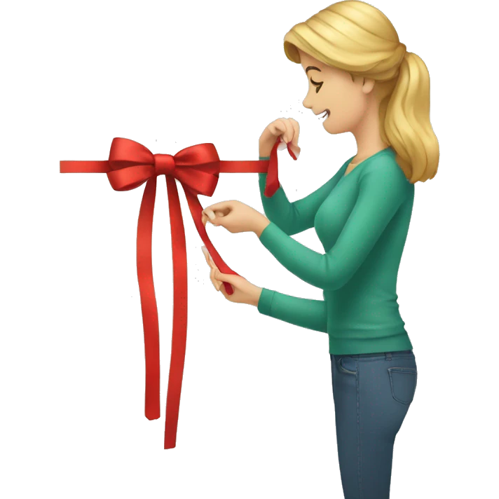 Woman learning how to tie a Christmas bow for a present emoji