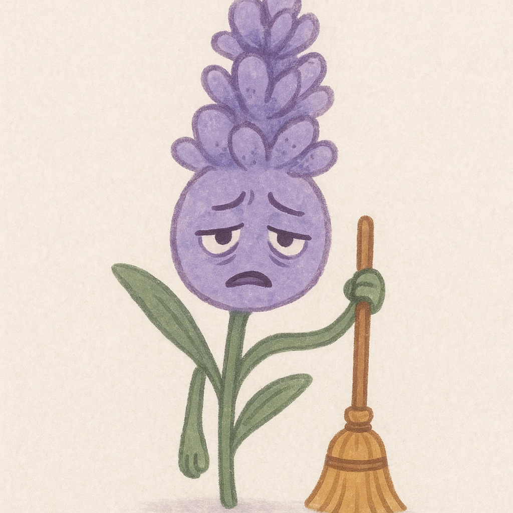 soft purple lavender flower holding a small broom, very tired expression emoji