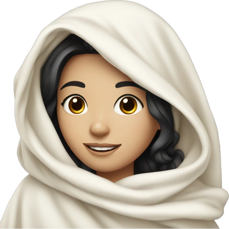 Girl with black hair and pale skin smiling and having a white blanket draped across her   emoji