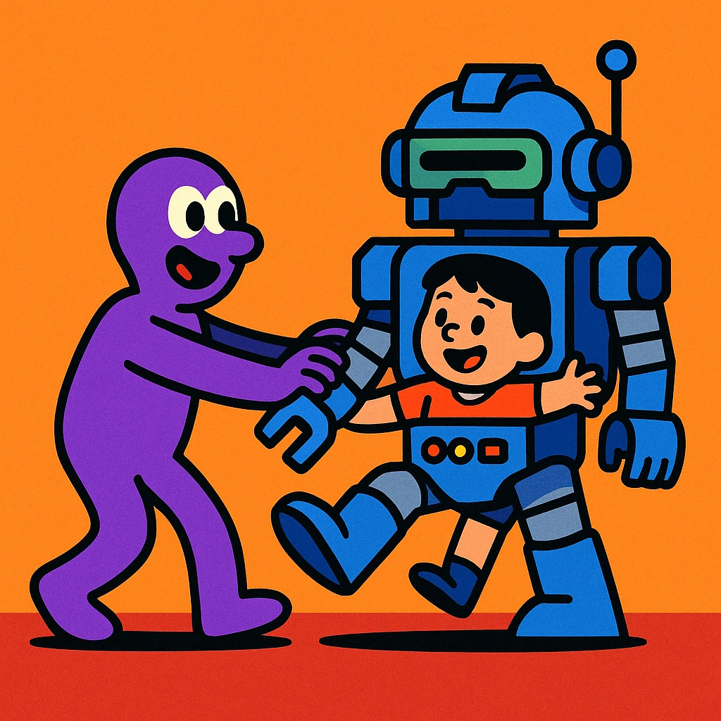 a purple character pushing a child into a robot suit, vibrant colors, stylized, no violence, clear scene emoji
