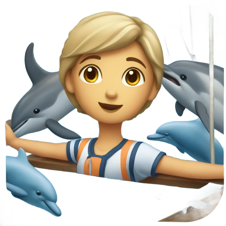 girl is watching dolphins from sailboat emoji