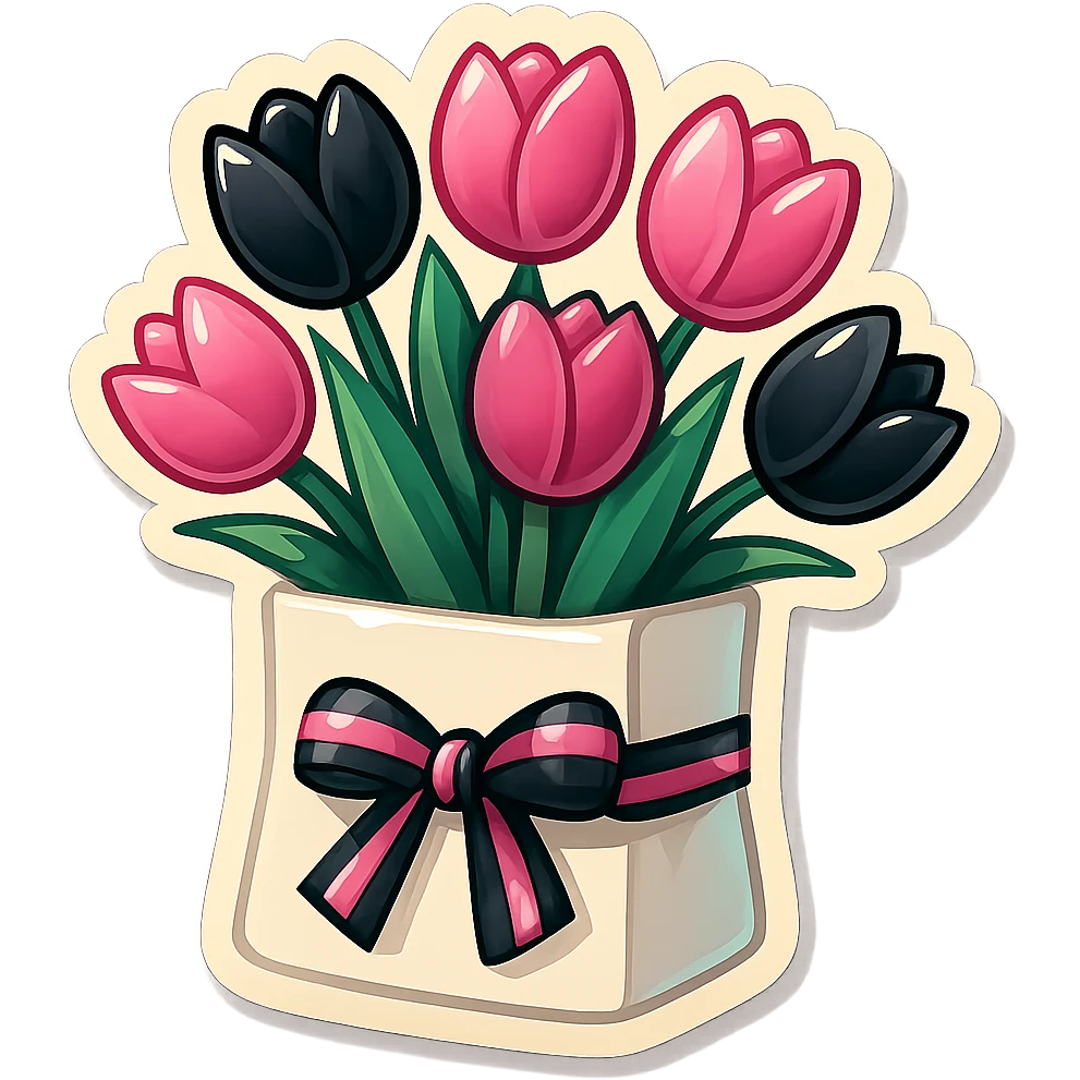 black and pink tulips bouquet in a white paper bag, tied with a black and pink striped ribbon, retro stickers style, colorful, bold, and playful emoji