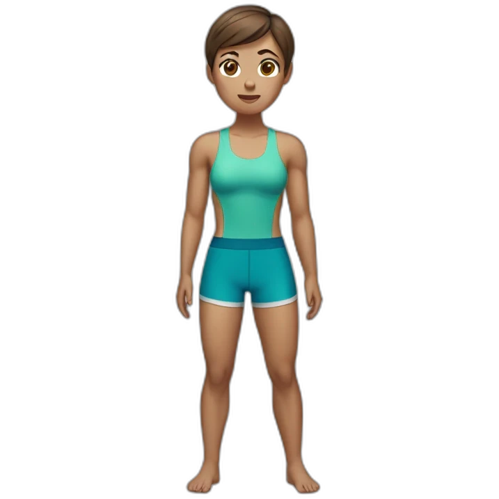 woman with muscles,short hair,tired eyes,brown hair, tight swimming trunks emoji