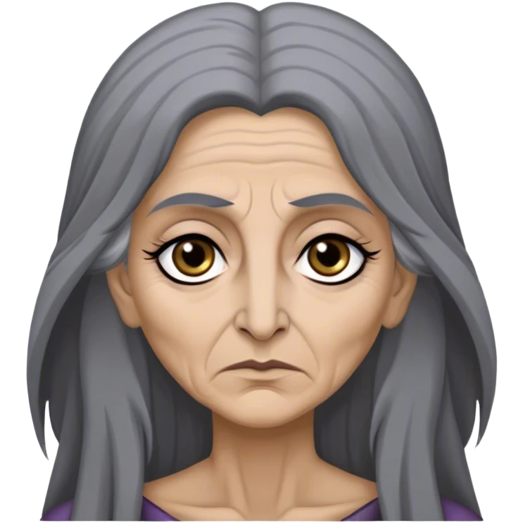Mirri Maz Duur is a weathered, age 50 Lhazareen woman with deep-set dark eyes, high cheekbones, and a sharp nose, giving her a stern, knowing expression. Her long, unkempt dark hair streaked with gray falls loosely over her shoulders emoji
