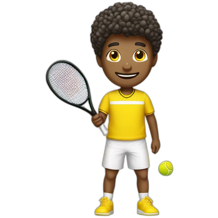 Ragazzo riccio con maglietta gialla gioca stanco con una racchetta da tennis emoji