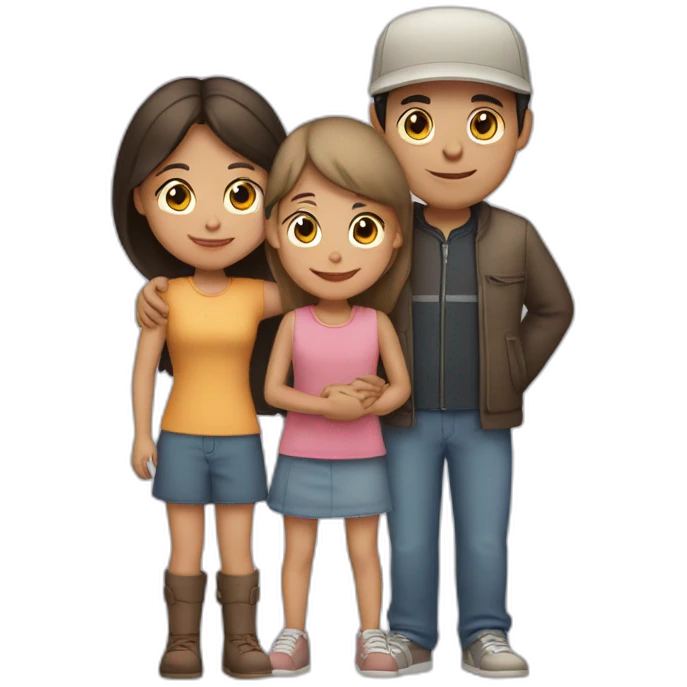 A girl hugs both her parents (light skin color, dark hair - mother with a headdress and father with a cap) emoji