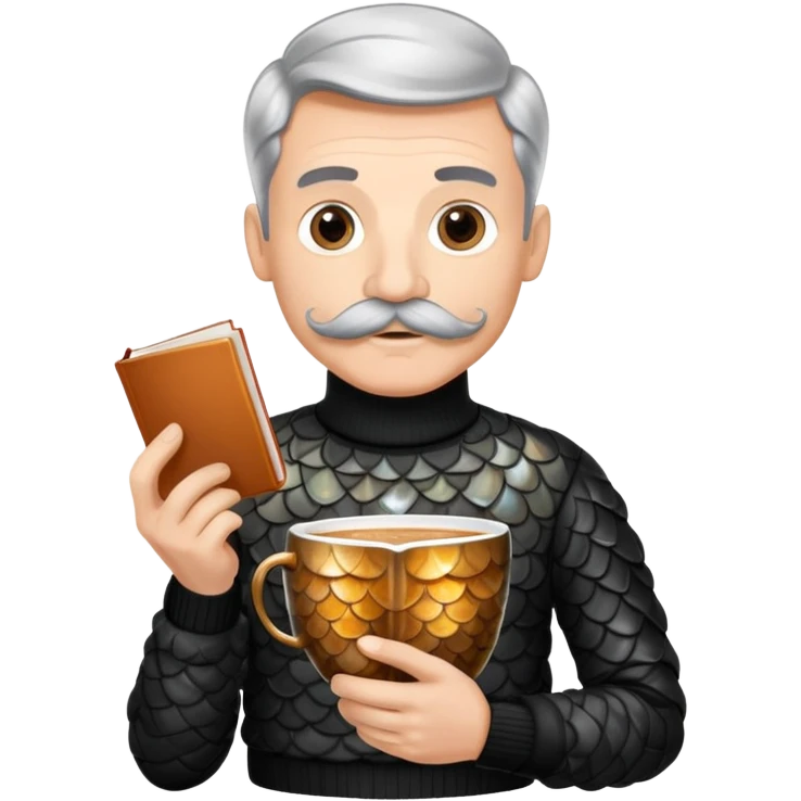 A fish, a German fish, sipping on a cappuccino in Austria. They are wearing a black turtleneck sweater tucked into black pleated pants, with a mustache and prismatic scales almost like rainbow fish, but not quite because that’d be copyrighted. They are reading a good book emoji