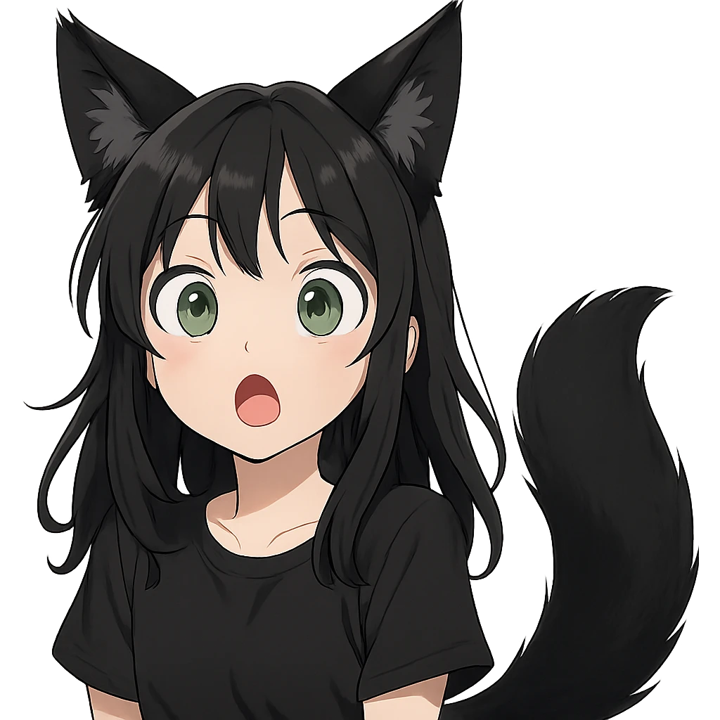 a surprised girl with huge green eyes, black fox ears, and a tail, dark hair emoji