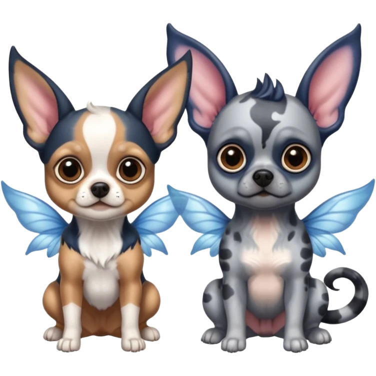 Black and tan chihuahua and blue Merle Frenchie with fairy wings and devil horns and big eyes  emoji