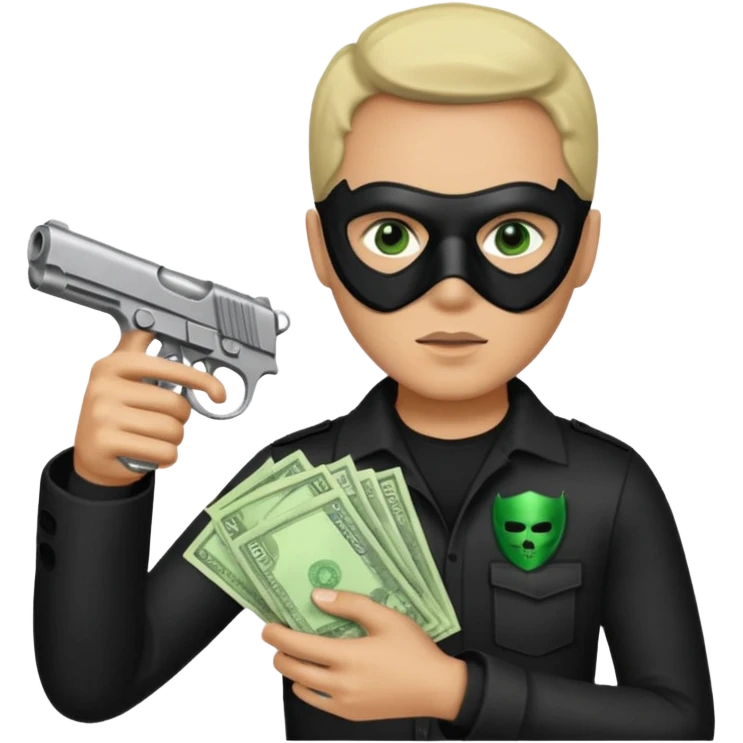 Un emoji con una mascara negra con una pistola pequeña en la mano y que en la otra mano tenga una paca de billetes emoji