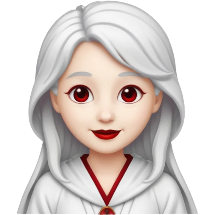 vull un perosnatge estil bimoji que sigui com una nimfa bella i fantasmal amb túniques blanques. Té la pell literalments blanca com el guix, cabell platejat, un nas llarg, ulls negres grans i llavis carmesí. que estigui somrient sense arrecades i vestimenta vermella i blanca emoji