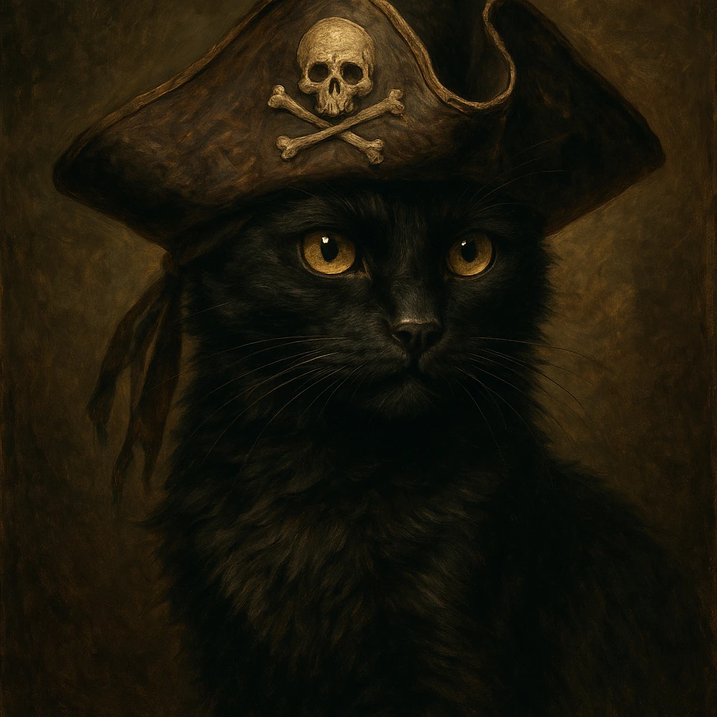 black cat with a pirate hat, style 4, detailed, artistic emoji