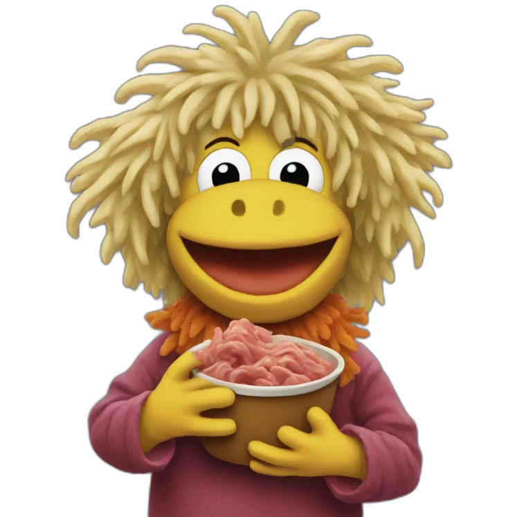 Fraggle with blond hair eating beef emoji