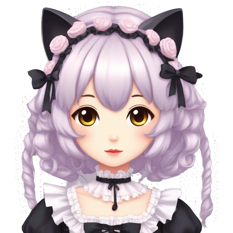 Gorgeous gothic Lolita anime style catgirl with blushing face with maid outfit laces headdress idol model kawaiicore pearly petite simplistic aesthetic trending style emoji