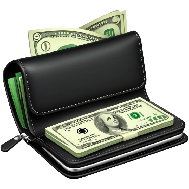 black wallet with green dollar bills visible inside and a small clock in top right corner positioned over the wallet emoji