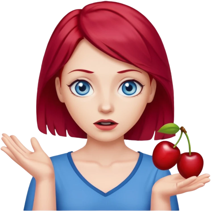 create a woman shrugging emoji, she is white, has blue eyes and cherry red hair emoji