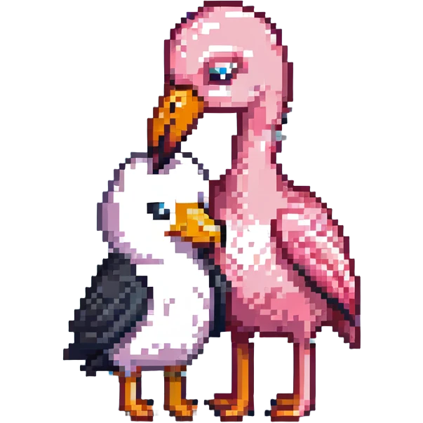 a flamingo hugging a penguin emoji
