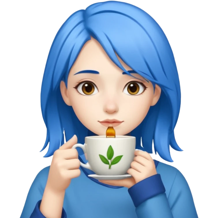 Chica peli azul con piek clara bebiendo te emoji