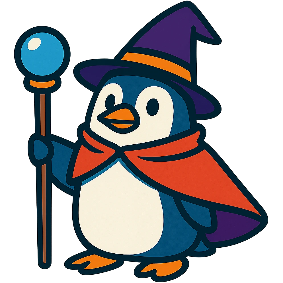 whimsical penguin wizard with a pointy hat and magic staff emoji