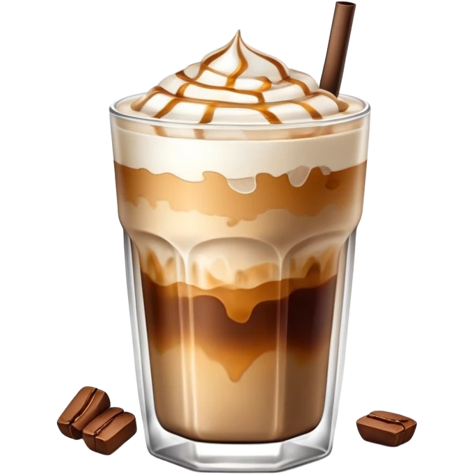 iced latte in glass with ice cubes and coffee layers, crisp and detailed, iOS style emoji emoji