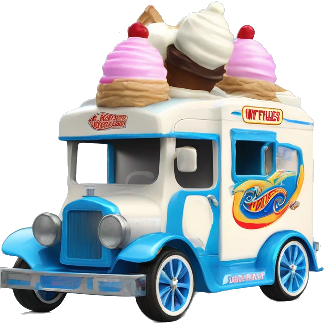Hot wheels style, ice cream truck from 1912 with wide mag wheels, blue emoji