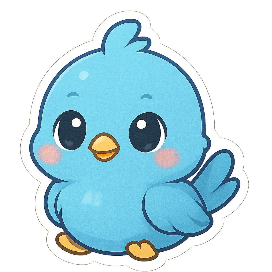 bouncy blue cute bird, chibi style, big eyes, soft edges emoji