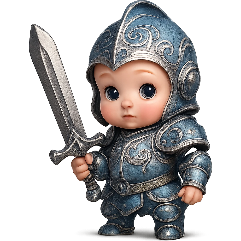 cute baby in ornate blue and silver armor, holding a big sword, styled as a miniature heroic knight emoji