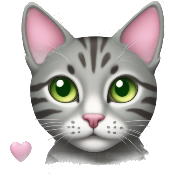 A grey tabby cat with a pink nose and green eyes is surrounded by hearts emoji