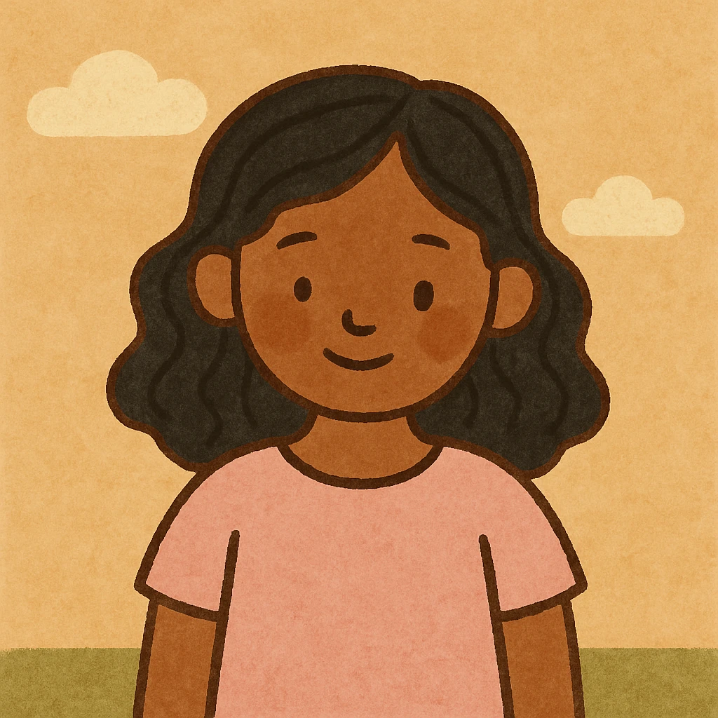 brown girl with black wavy hair, wearing a cute light pink shirt, modern friendly illustration style emoji