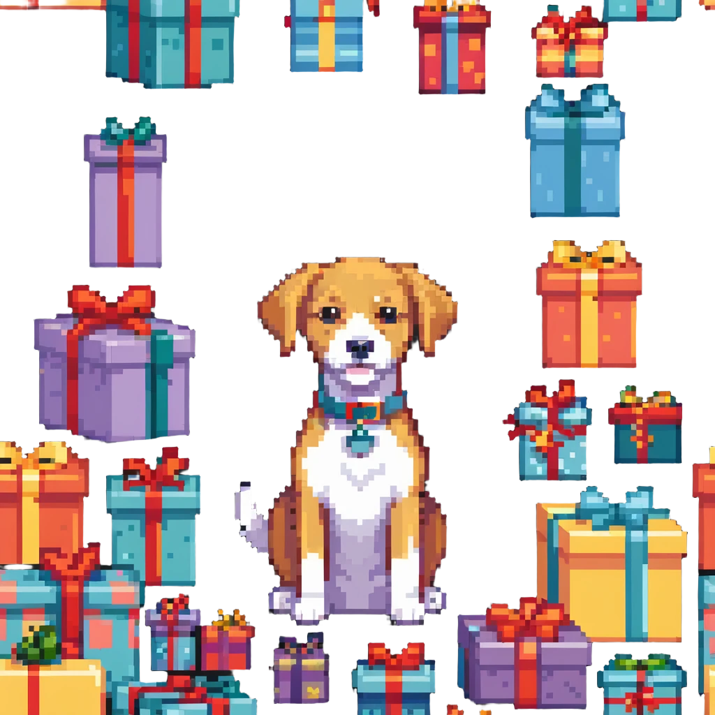 dog surrounded by gift boxes emoji