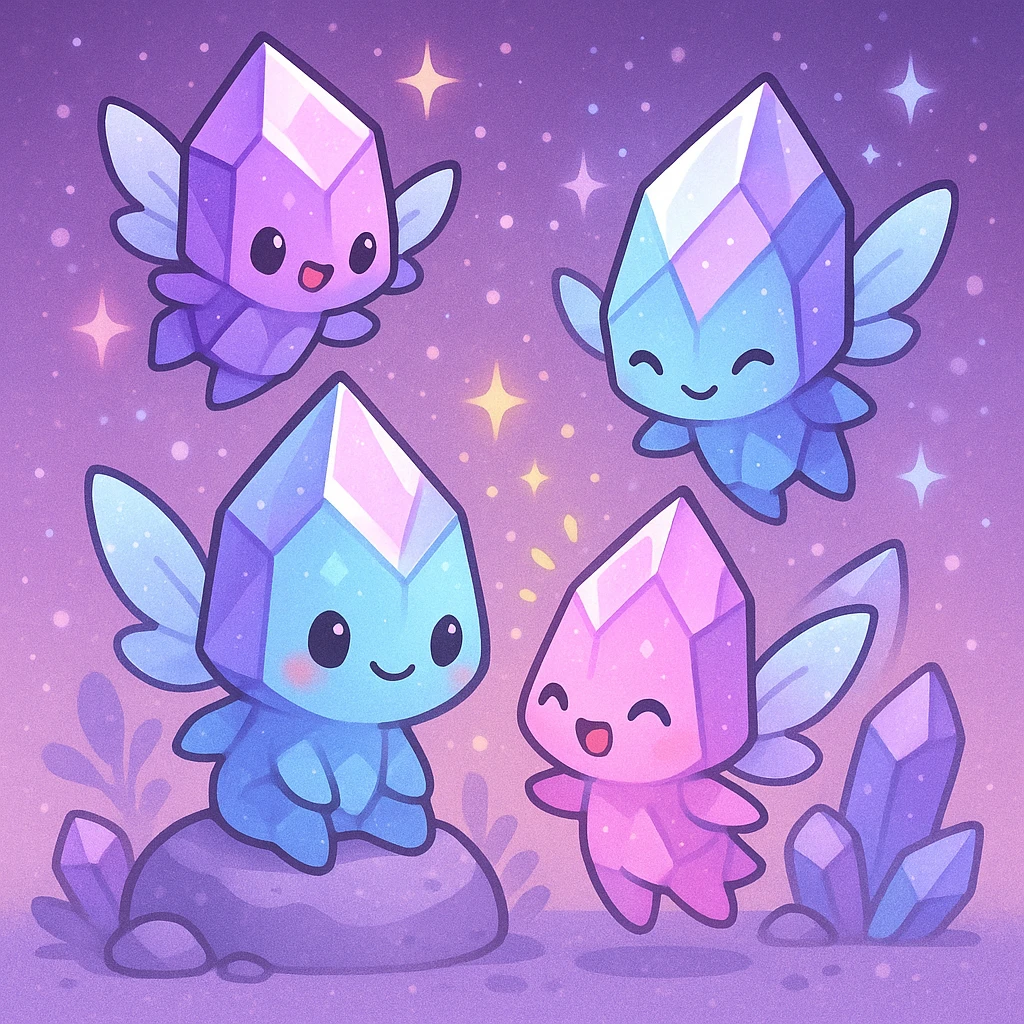 kawaii chibi style group of crystal sprite creatures in purple, blue, and pink, with tiny magical wings, interacting together in a magical setting, cute and lively emoji