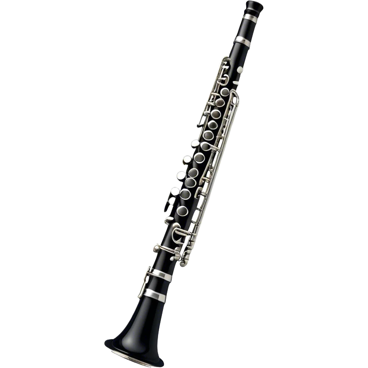 Create an emoji, representing a black standard clarinet. The design should feature a smooth, glossy black body of the clarinet with shiny, silver keys clearly visible. Highlight the intricate details of the mouthpiece and reed at the top, while the body of the instrument should remain simple and elegant. Add subtle musical notes or soundwaves floating around the instrument to symbolize its clear, melodic sound. Use black for the body, silver for the keys, and soft lighting effects to give the instrument a polished, sophisticated look. The background should be transparent. emoji