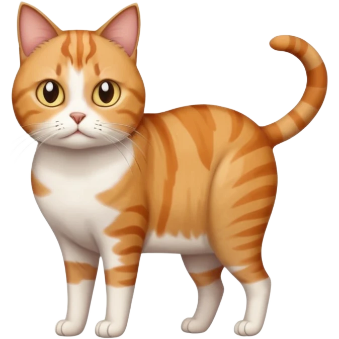 full body white, ginger and brown tabby calicio cat with skinny head and fat body with an anxious face emoji