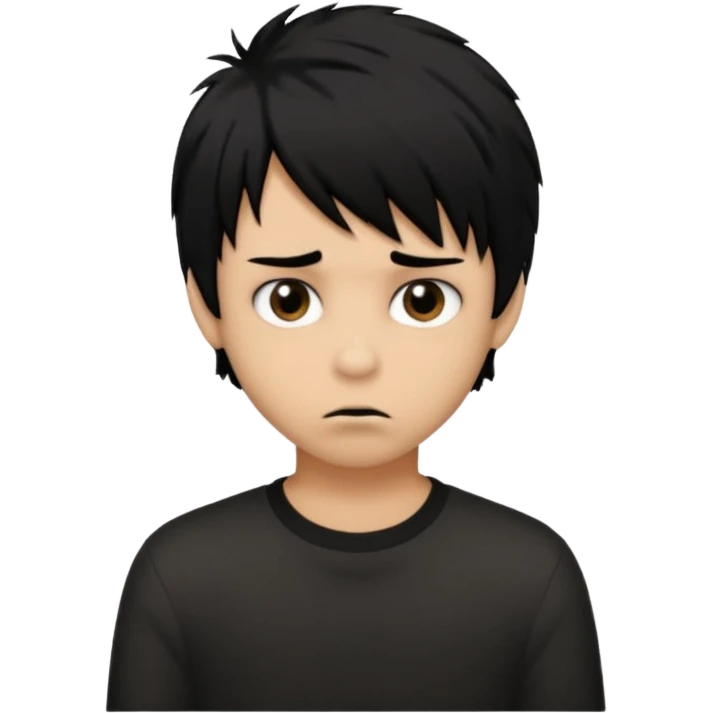 Boy, light brown skin, black hair, short long, emo, shaggy, creepy expression emoji