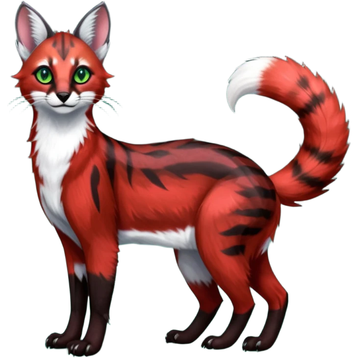 Colorful dark tropical sanguine-red, black, white fur, with green eyes, iridescent glorious divine exotic cute cool beautiful shiny beautiful fantasy-caracal-civet-genet-sergal-vernid-Cacomistle-oncilla-animal-Fakémon-hybrid-fursona with pattern markings (full body) emoji