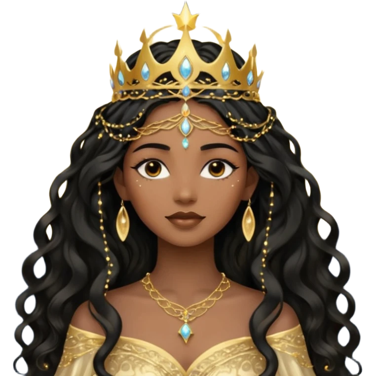 a black beautiful angel with gold pattern on her face and and long wavy black hair, she wears a ethereal crown with sparkling strings and a beautiful sparkling golden gown with moon crest in the middle of the gown, her face calm, gentle and kind, magical aura around her emoji