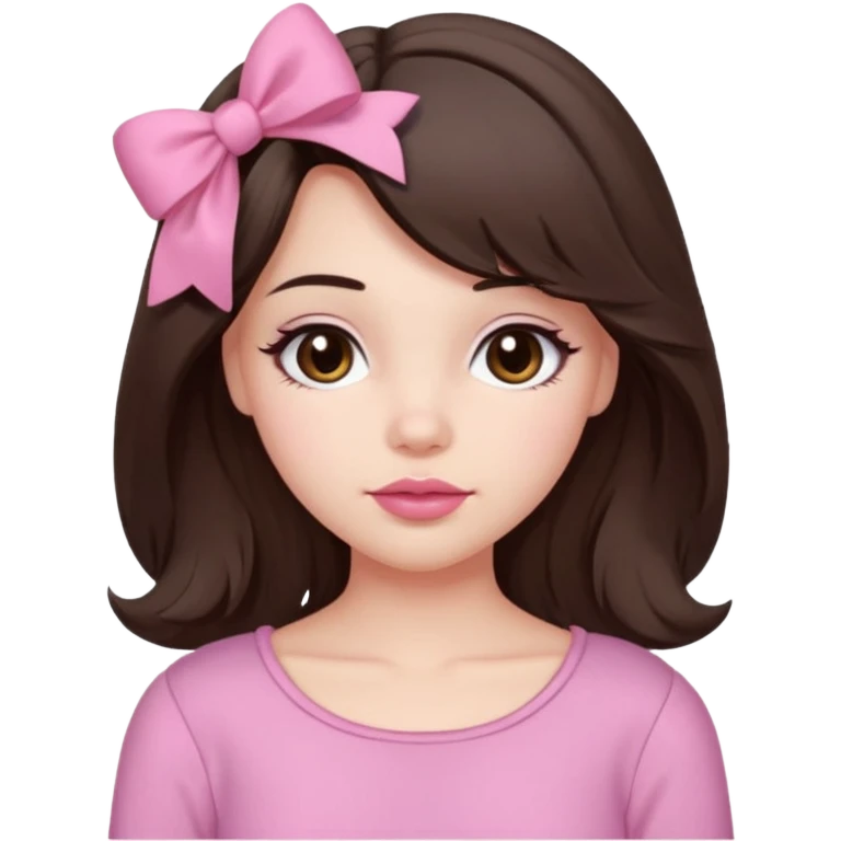 A cute slightly plump, fair-skinned girl with loose, slightly wavy, layered shoulder-length hair, dark brown eyes, and light pink lips. She wears coquette pink clothes, a small pink bow, and slightly rosy cheeks. emoji