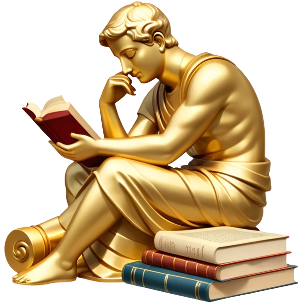 An icon featuring a Thinker statue, a scroll, symbolizing philosophy. The design includes books and abstract symbols representing deep thought and wisdom. Transparent background highlights the study of ideas, logic, and existential questions emoji