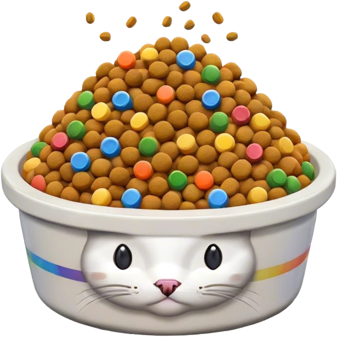 in the style of pixel art, make a food bowl . In the bowl is white cat food which is piled so high on top of the bowl. There are small pieces of rainbow food in the bowl too. there is only food in the bowl emoji