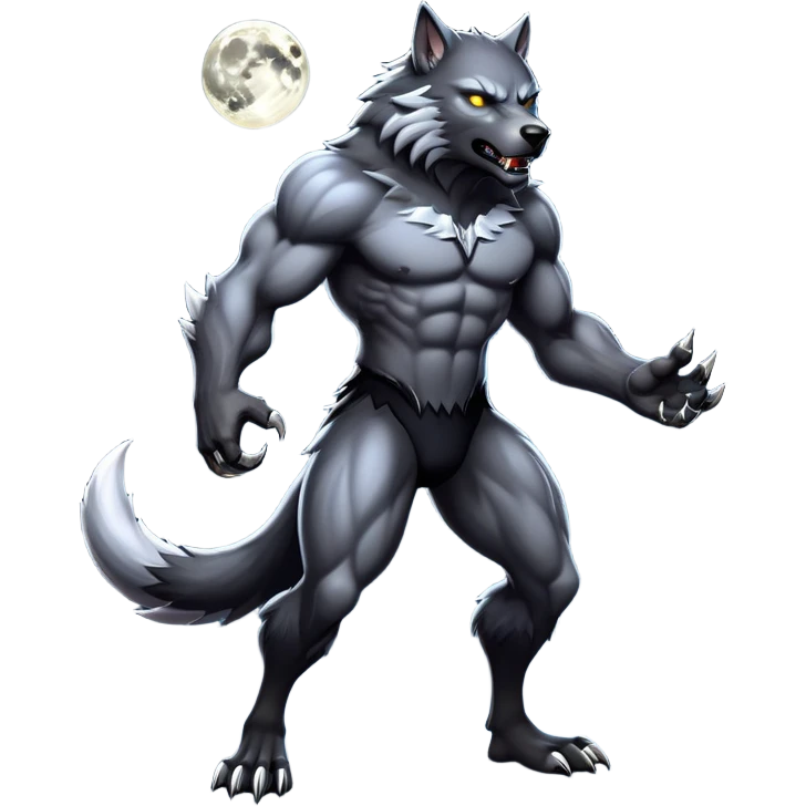 cinematic-noble-fierce-werewolf-full body-emoji, poised-and-imposing, with a tall, slender, muscular frame, fur rippling in shades of midnight black and silver, eyes glowing with an intense, primal ferocity, reflecting the untamed power of the wild moonlit night; rendered with realism emoji