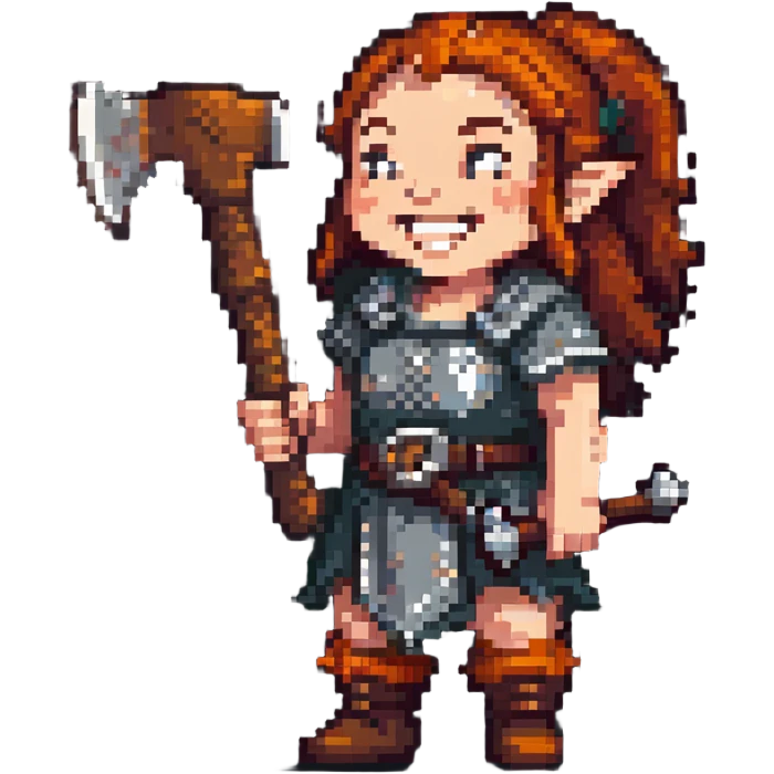 laughing female dwarf from Lineage 2 game character with axe emoji