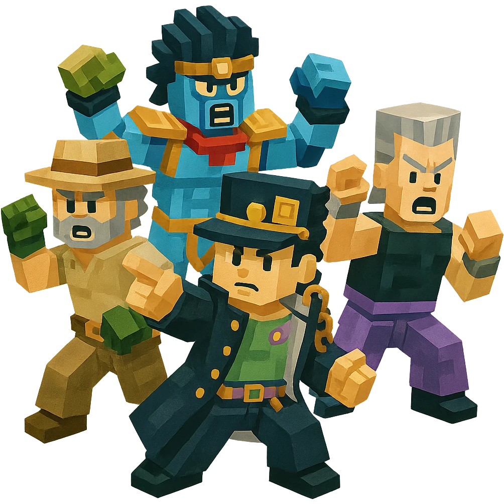 JoJo's Bizarre Adventure Season 3 (Stardust Crusaders) characters and iconic poses, reimagined as LEGO minifigures, vibrant colors, blocky details, playful and dynamic emoji